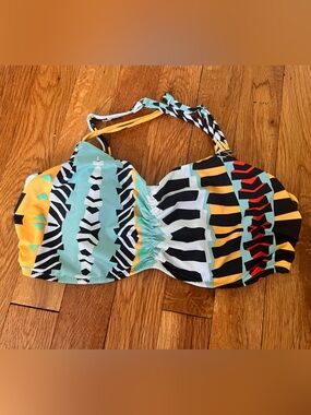 Freya Colorblock Tribal Print Bandeau Bikini Top - Aqua, Yellow, Black in 32DDD